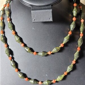 Vintage Serpentine & Goldstone Long Beaded Rope Boho Necklace 32"